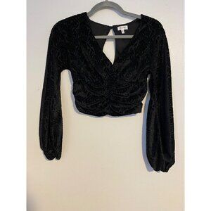 Selfie Womens XS Crop Top Black Velvet Long Sleeve Ruched Blouse Dressy Couture